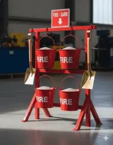 industrial Fire safety equipment setup featuring a red fire bucket stand with sand-filled fire buckets and shovels, designed for quick emergency response in industrial fire safety environments