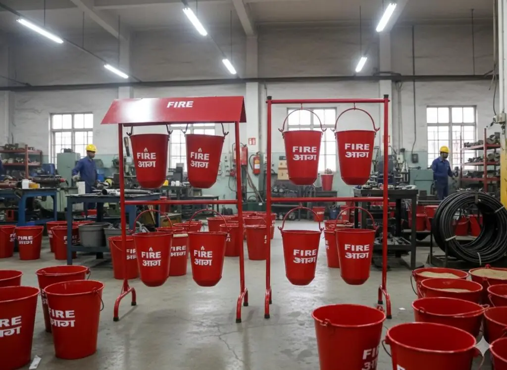 Fire bucket stand in an industrial fire safety setup showing multiple red fire buckets with sand and water, used for emergency industrial fire protection, workplace fire prevention, and manual firefighting equipment