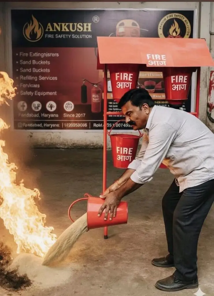 Fire bucket being used to put out fire with sand during a fire safety drill.