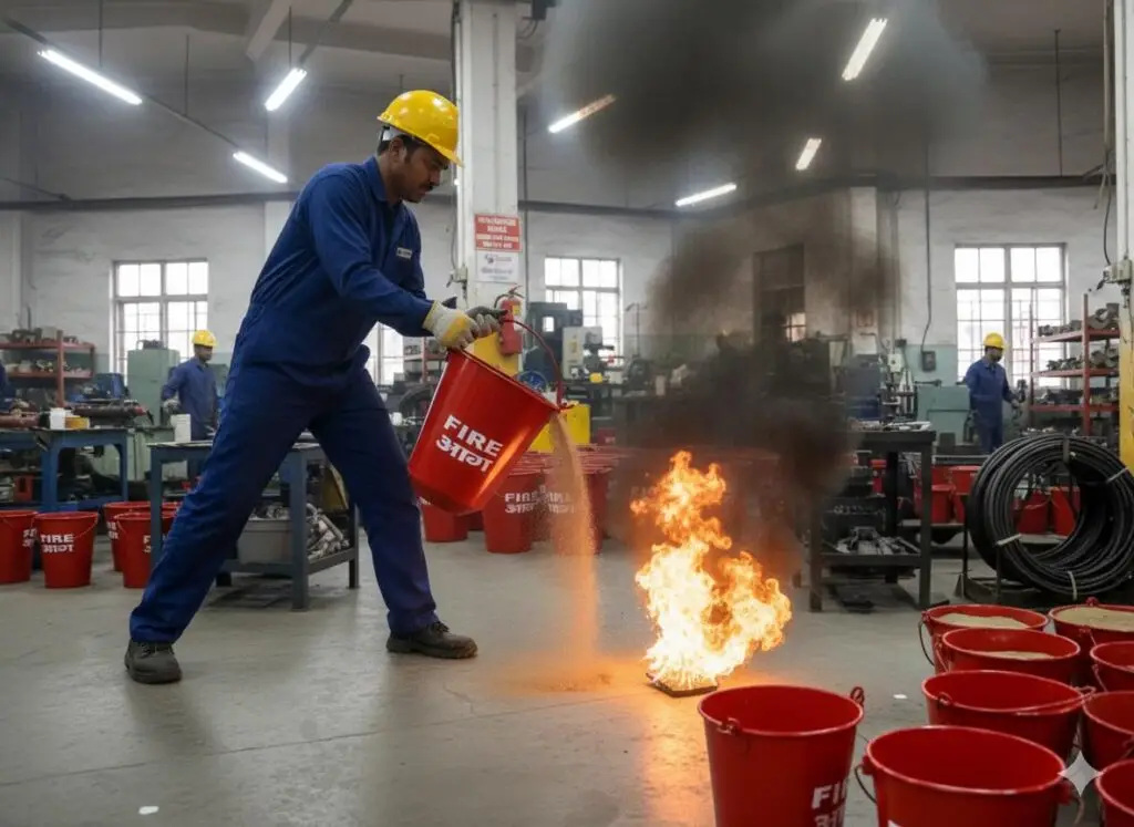 Red fire bucket placed in an industrial fire emergency area as a primary fire safety tool for controlling small fires and preventing fire hazards.