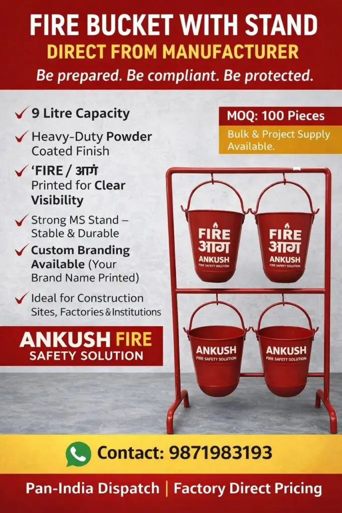 Fire safety product display showing a fire bucket with stand manufactured by Ankush Fire Safety Solutions, featuring heavy-duty powder-coated fire buckets, clear FIRE labeling, strong MS stand, and industrial fire safety equipment suitable for factories and construction sites.
