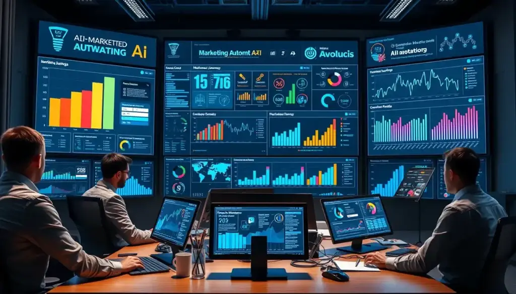 Marketing automation with AI workspace featuring advanced AI-driven marketing systems, smart automation dashboards, data visualization charts, lead scoring analytics, customer journey tracking, conversion optimization metrics, and real-time performance insights displayed across multiple digital screens.”