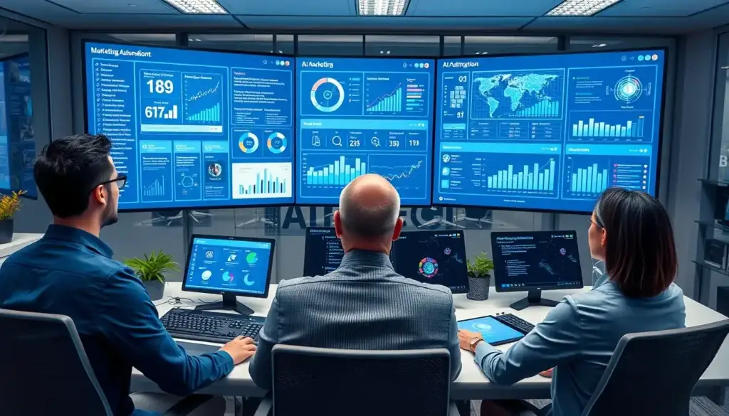 Marketing automation with AI dashboard showing a digital marketing team analyzing real-time data, AI-driven analytics, predictive insights, campaign performance metrics, customer behavior trends, and automated marketing reports on multiple screens.
