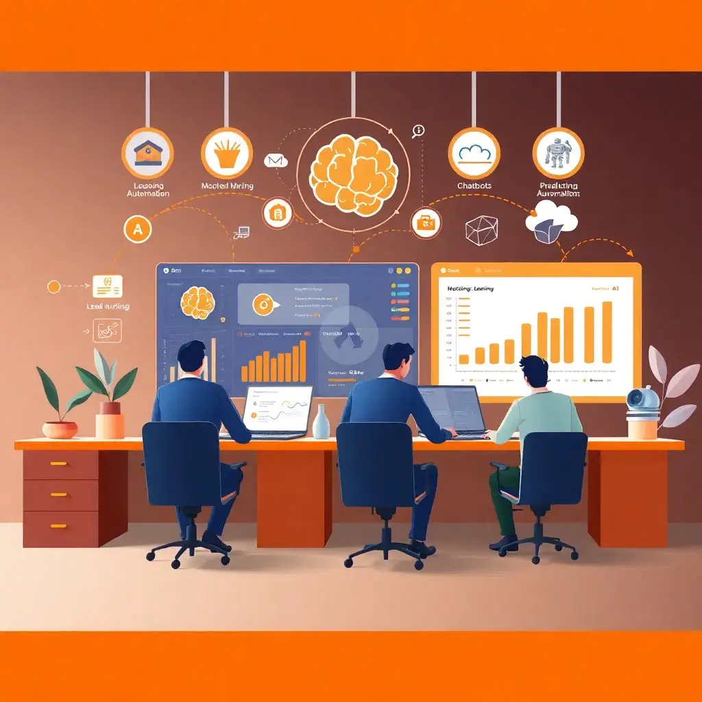 AI-powered marketing automation tools dashboard showing lead nurturing, chatbots, predictive analytics, and digital marketing automation.